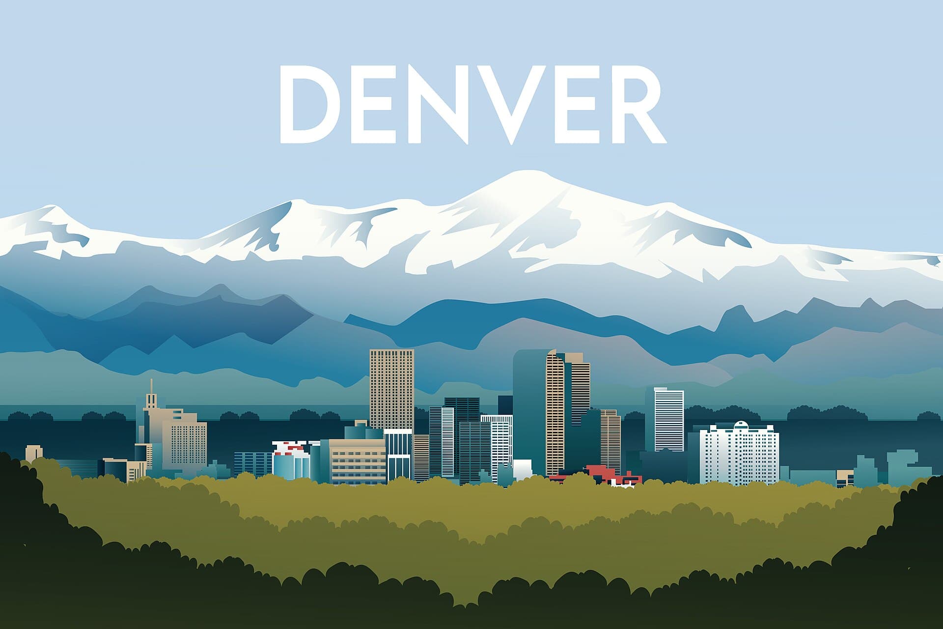 The Denver skyline against the Rocky Mountains