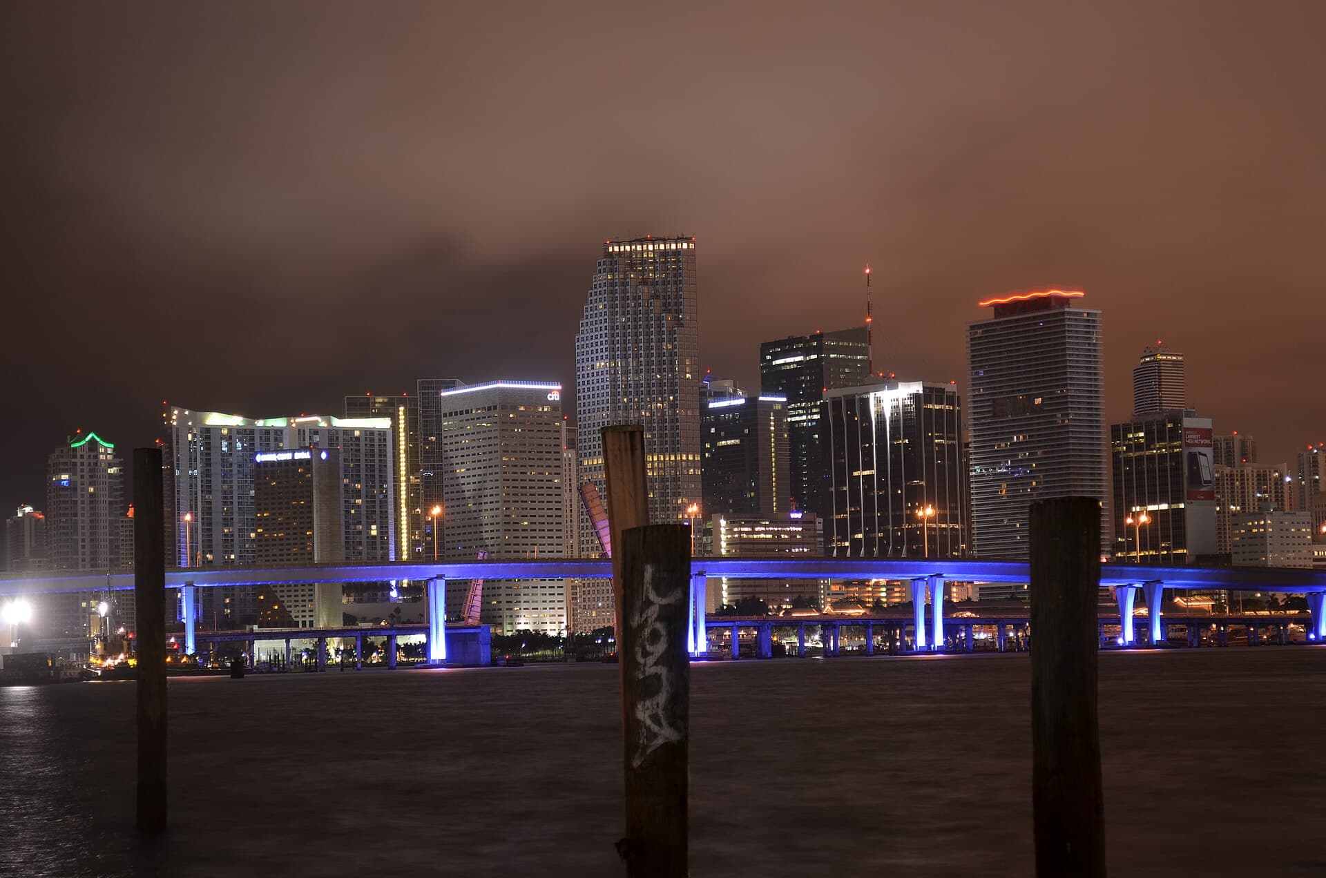 The Miami skyline over Biscayne Bay, Florida