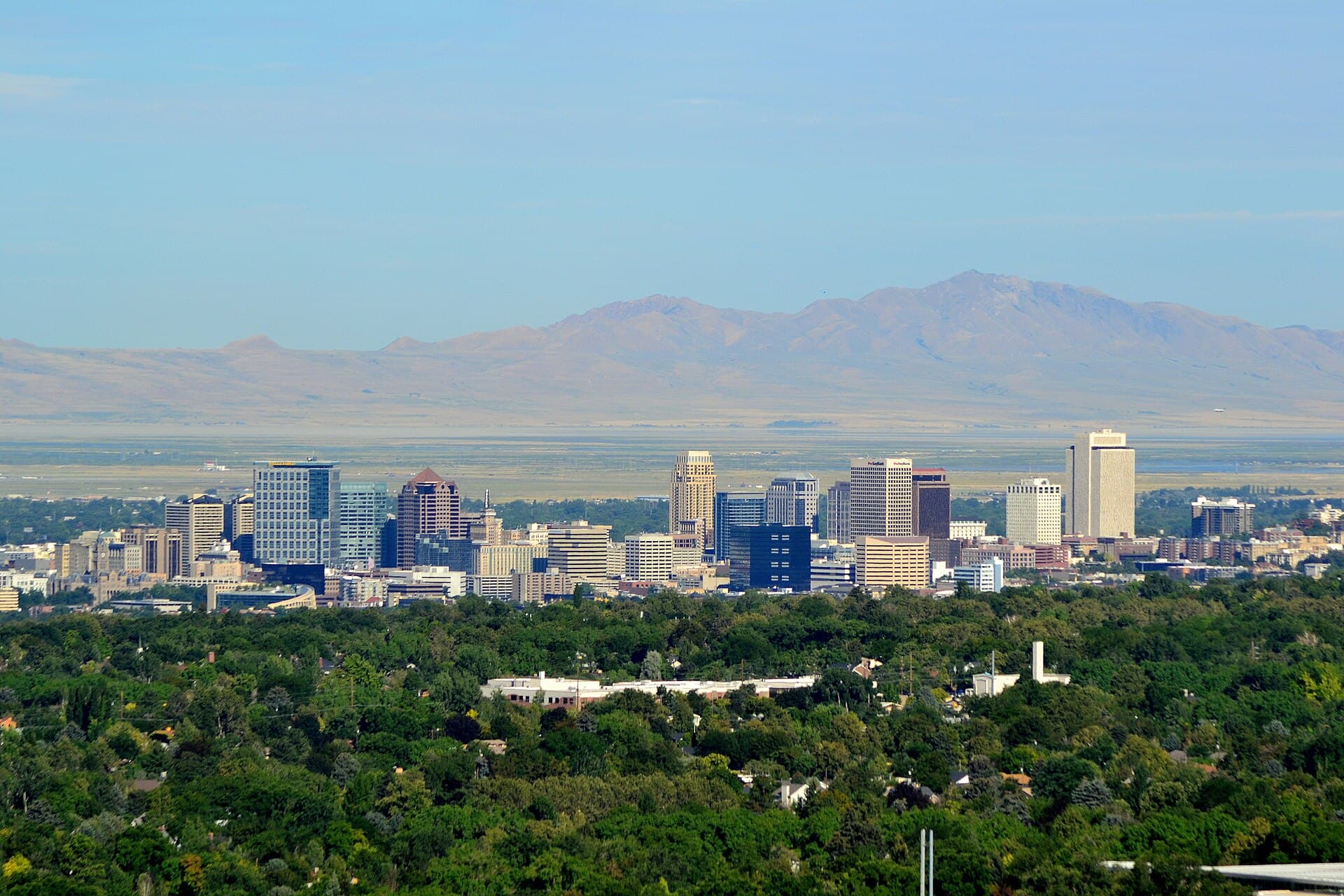 The Salt Lake City skyline below the Wasatch, Utah